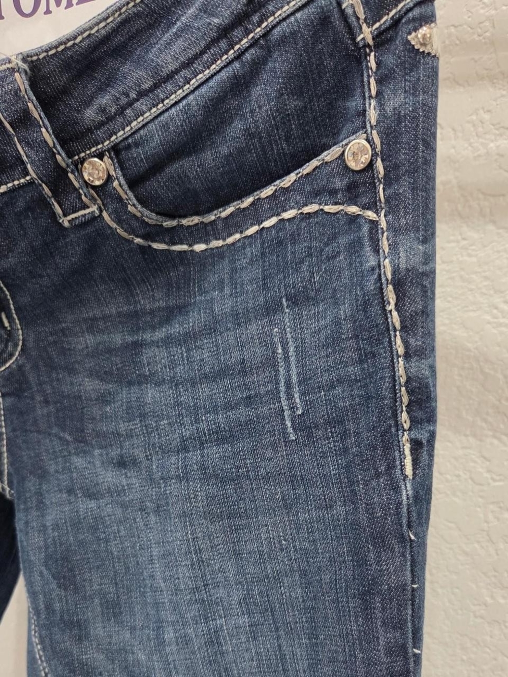 Grace in LA Dark Blue Bootcut Jeans with Rhinestone Angel Wings - Picture 3 of 5